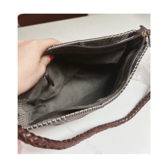 Vintage 1990s Ralph Lauren | Brown Houndstooth Canvas & Leather Shoulder Bag - Picture 5 of 6